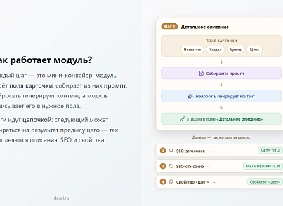 Контент-завод: генерация описаний товаров, статьей, SEO, переводов, свойств с помощью нейросетей (despi.aiconnector) - решение для Битрикс